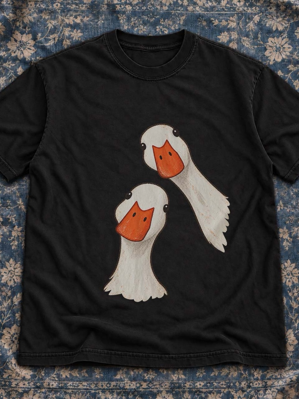 Gildan Black Short Sleeve Tee with Two White Ducks and Orange Beaks